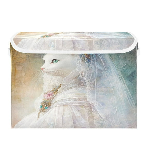 WOBOGO Wedding White Cat Large Collapsible Storage Box Flip Lid Fabric Decorative Organizer Container Basket with Handles 16.512.611.8in