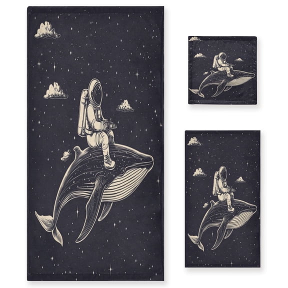 WOBOGO Whale Riding Astronaut Pattern Ultra Soft 3 Pack Cotton Towel Set Includes 60 x 30in Bath Towel 28 x 16in Face Towel and 13 x 13in Small Square Towel for Everyday Use Lightweight and Compact