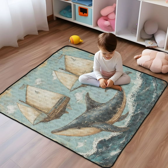 WOBOGO Whales Swim with Sailboats Baby Playmats Extra Large Waterproof Rollable Activity Pads for Toddlers 5050inch