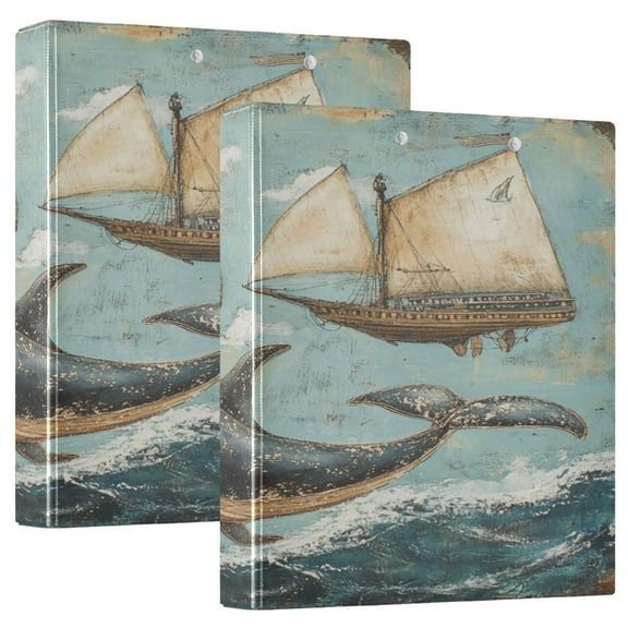 WOBOGO Whales Swim with Sailboats File Folders Extra Large Capacity to Hold 200 Sheets of Documents Hard Shell Ring Binder for School Home Office