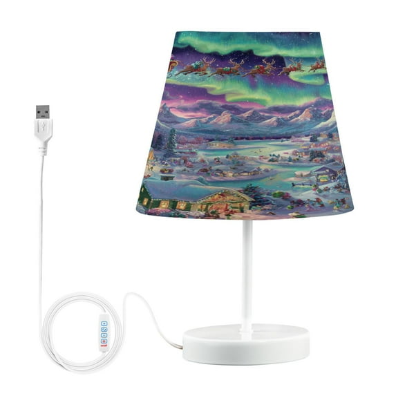 WOBOGO Whimsical Christmas Scene Table Lamps Bedroom 3-Speed Dimmable Farm Style with Fabric Shade for Reading and Home Office
