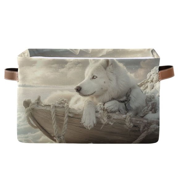 WOBOGO White Alaskan Dog Square Storage Basket with Waterproof Canvas and PE Lining Durable PU Leather Handles 14.2×10.2×8.3in