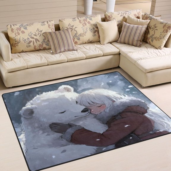 WOBOGO White Bear Cuddles with Woman Carpet Non-Slip Rugs Soft Doormat 63×48in Living Dining Room Bedroom Decorative