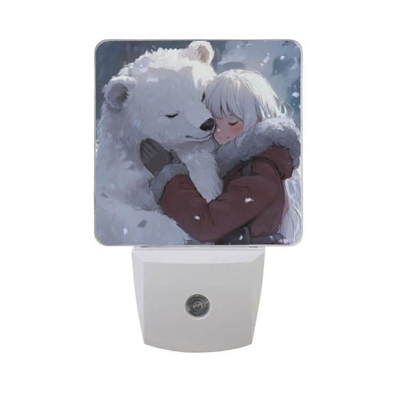 WOBOGO White Bear Cuddles with Woman LED Night Light 2 Pcs Set 0.5 Watt Wall Plug in Dusk to Dawn Automatic Switch Soft White Light