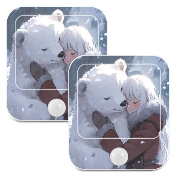 WOBOGO White Bear Cuddles with Woman Night Light Lamp with Smart Sensor Dusk to Dawn Sensor 0.6W Plug-in 2-Pack