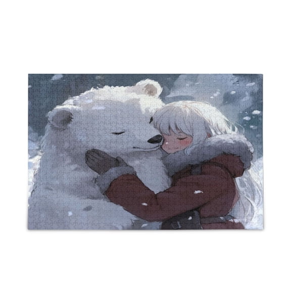 WOBOGO White Bear Cuddles with Woman Puzzle Challenge 1000 Piece Jigsaw Suitable for Game Night Finished Size 29.5 x 19.7in