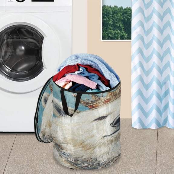 WOBOGO White Bear King Foldable Laundry Baskets with Carry Handle Zipper Closure Travel Bathroom College Dorm Essentials
