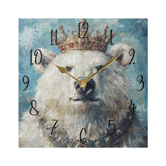 WOBOGO White Bear King Wall Clock 7.78 Inch Battery Operated Silent Unit Square Rustic Vintage Style for Home Bedroom Office Gold Pointer
