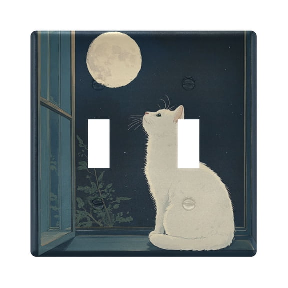 WOBOGO White Cat Enjoying The Moon 2-hole Switch Plates PC Flame Retardant Plastic Material Glossy Finish Smooth Touch 4.56x4.48x0.27in
