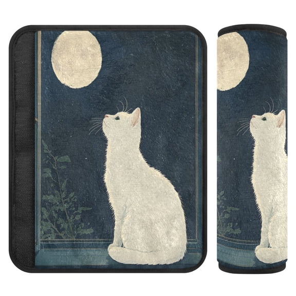 WOBOGO White Cat Enjoying The Moon Seat Belt Cover 2 Piece Soft Comfort Driving Shoulder Pad Suitable for All Cars and Backpacks