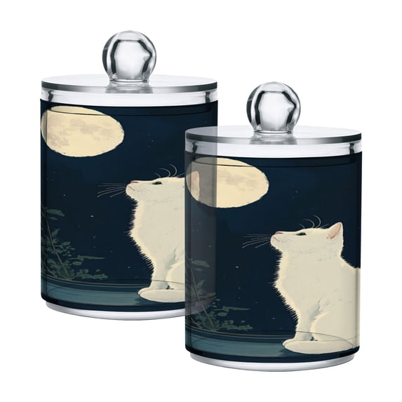 WOBOGO White Cat Enjoying The Moon Transparent Plastic Jar 2pcs Cotton Swabs Balls Pads Floss Stick Dispenser Bathroom Vanity Storage Organizer
