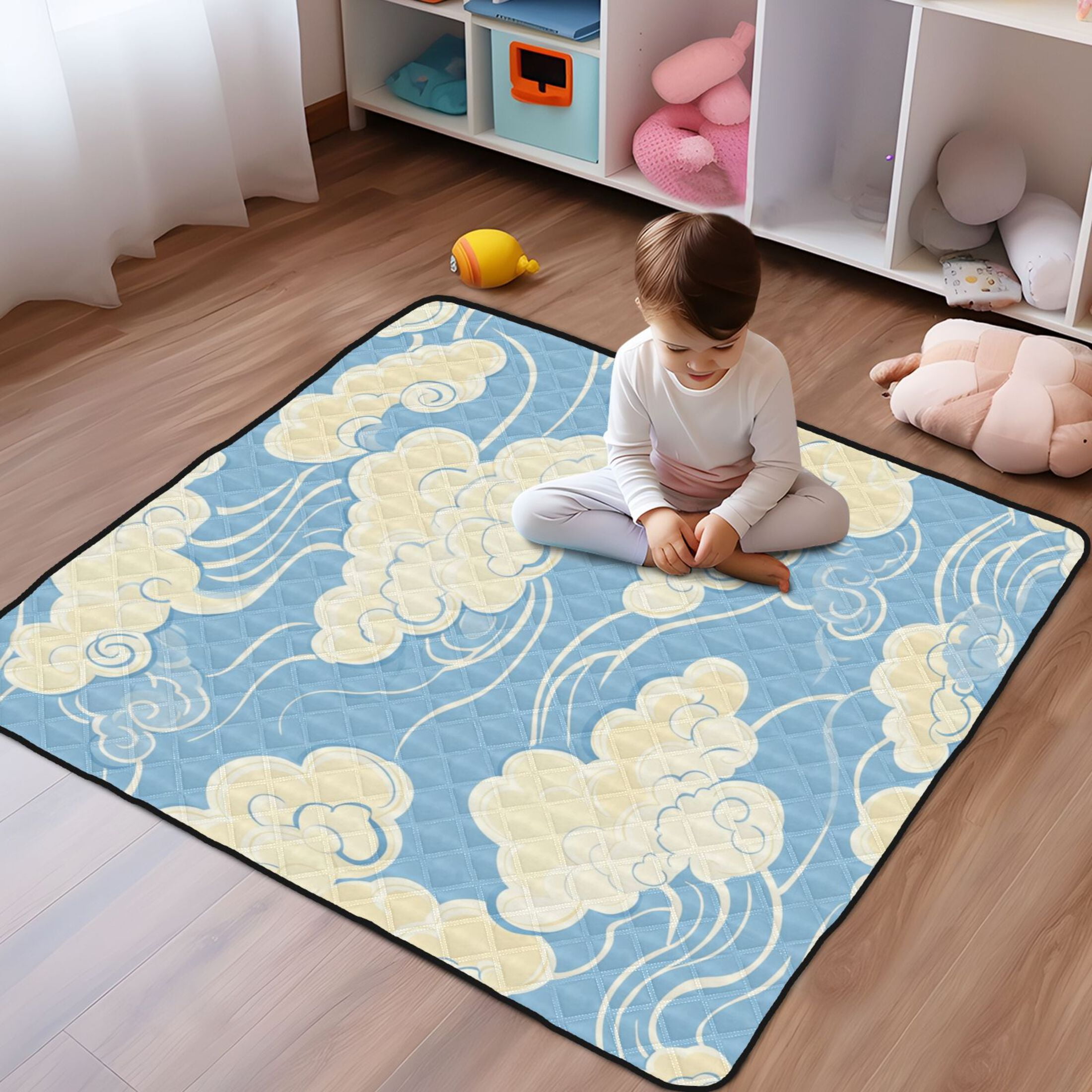 WOBOGO White Cloud Pattern on Blue Background Baby Playmats Extra Large Waterproof Rollable Activity Pads for Toddlers 50×50inch