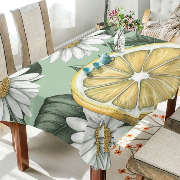 WOBOGO White Daisies with Lemons Pattern Square Tablecloth 60×90in Polyester Fabric Tablecloth Washable Dust Resistant Wrinkle Resistant