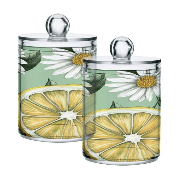 WOBOGO White Daisies with Lemons Pattern Transparent Plastic Jar 2pcs Cotton Swabs Balls Pads Floss Stick Dispenser Bathroom Vanity Storage Organizer
