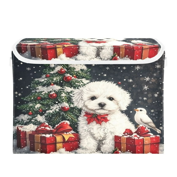 WOBOGO White Dog and Christmas Tree with Red Gift Boxes Large Collapsible Storage Box Flip Lid Fabric Decorative Organizer Container Basket with Handles 16.512.611.8in