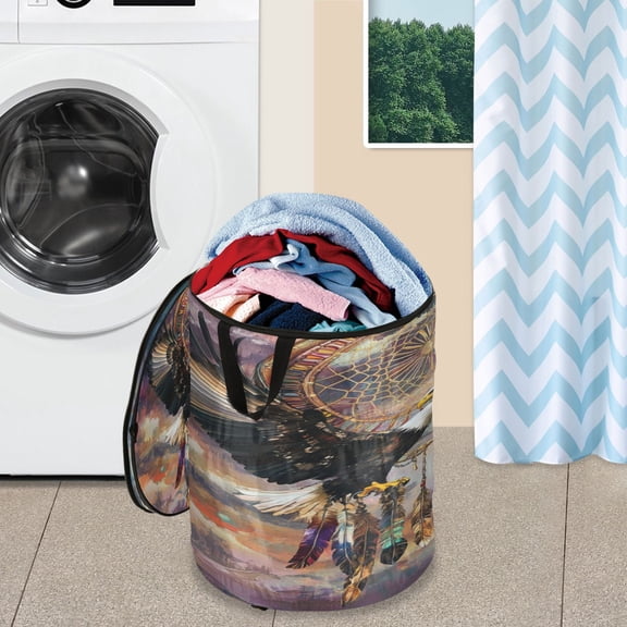 WOBOGO White Eagles Soaring Foldable Laundry Baskets with Carry Handle Zipper Closure Travel Bathroom College Dorm Essentials