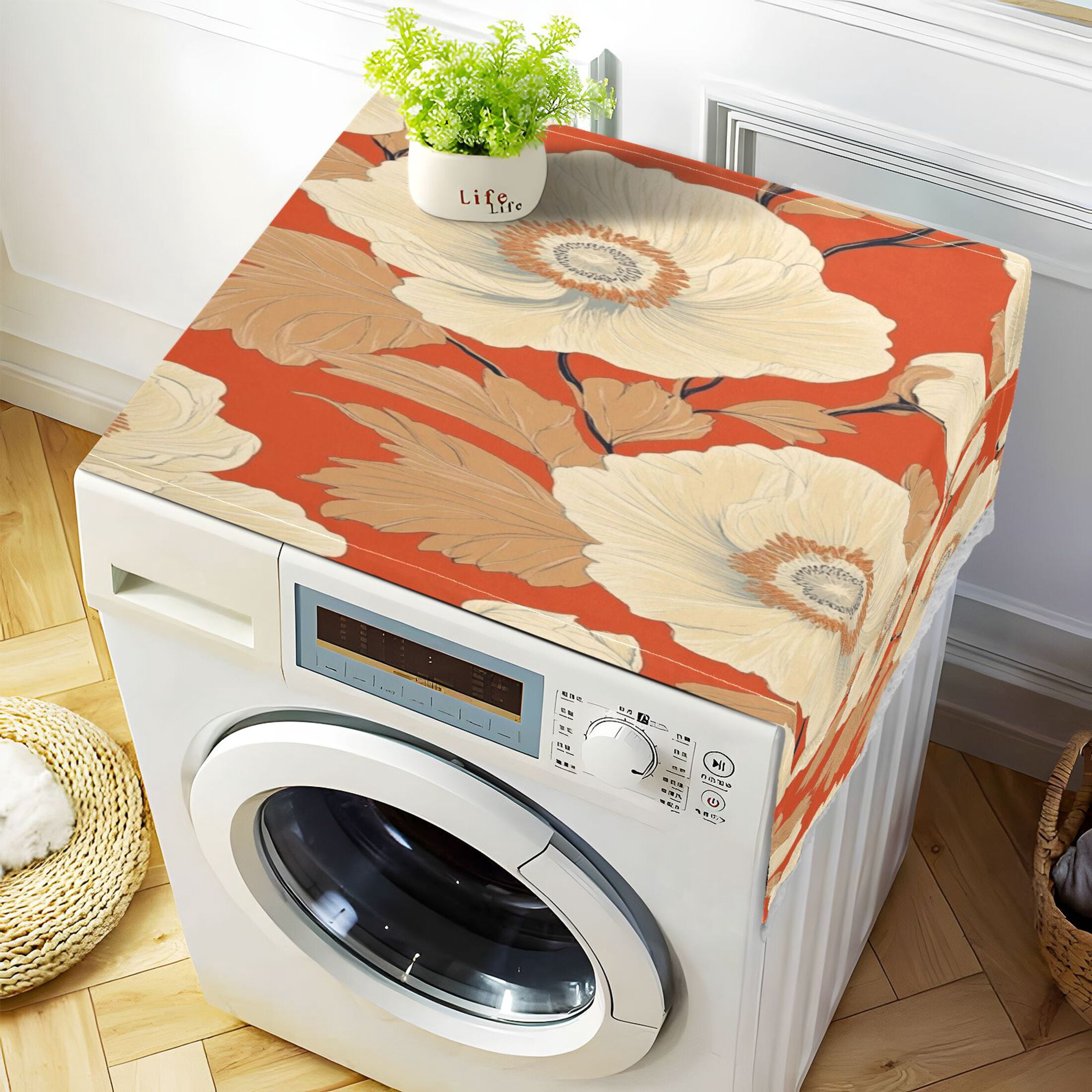 WOBOGO White Flowers Orange Pattern Washing Machine Cloth Dryer Refrigerator Top Cover Protective Non-Slip Mat For Kitchen Laundry