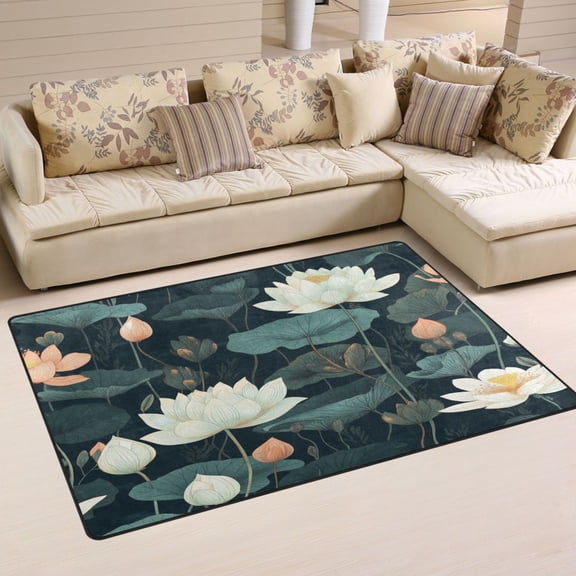 WOBOGO White Lotus Flower Carpet Non-Slip Rugs Soft Doormat 31×20in Living Dining Room Bedroom Decorative