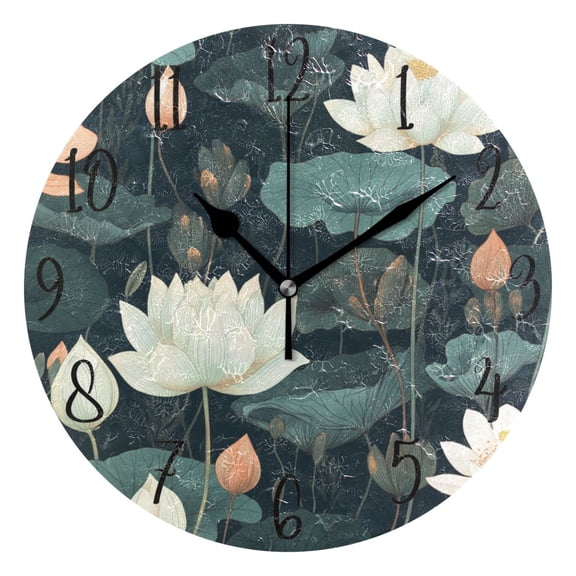 WOBOGO White Lotus Flower Wall Clock 10in Silent Mechanism Battery Operated Retro Style for Living Room Bedroom and Kitchen Black Pointer