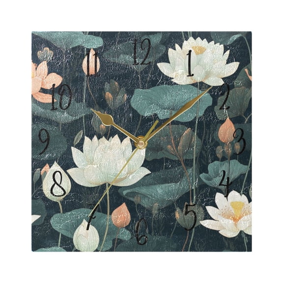 WOBOGO White Lotus Flower Wall Clock 7.78 Inch Battery Operated Silent Unit Square Rustic Vintage Style for Home Bedroom Office Gold Pointer