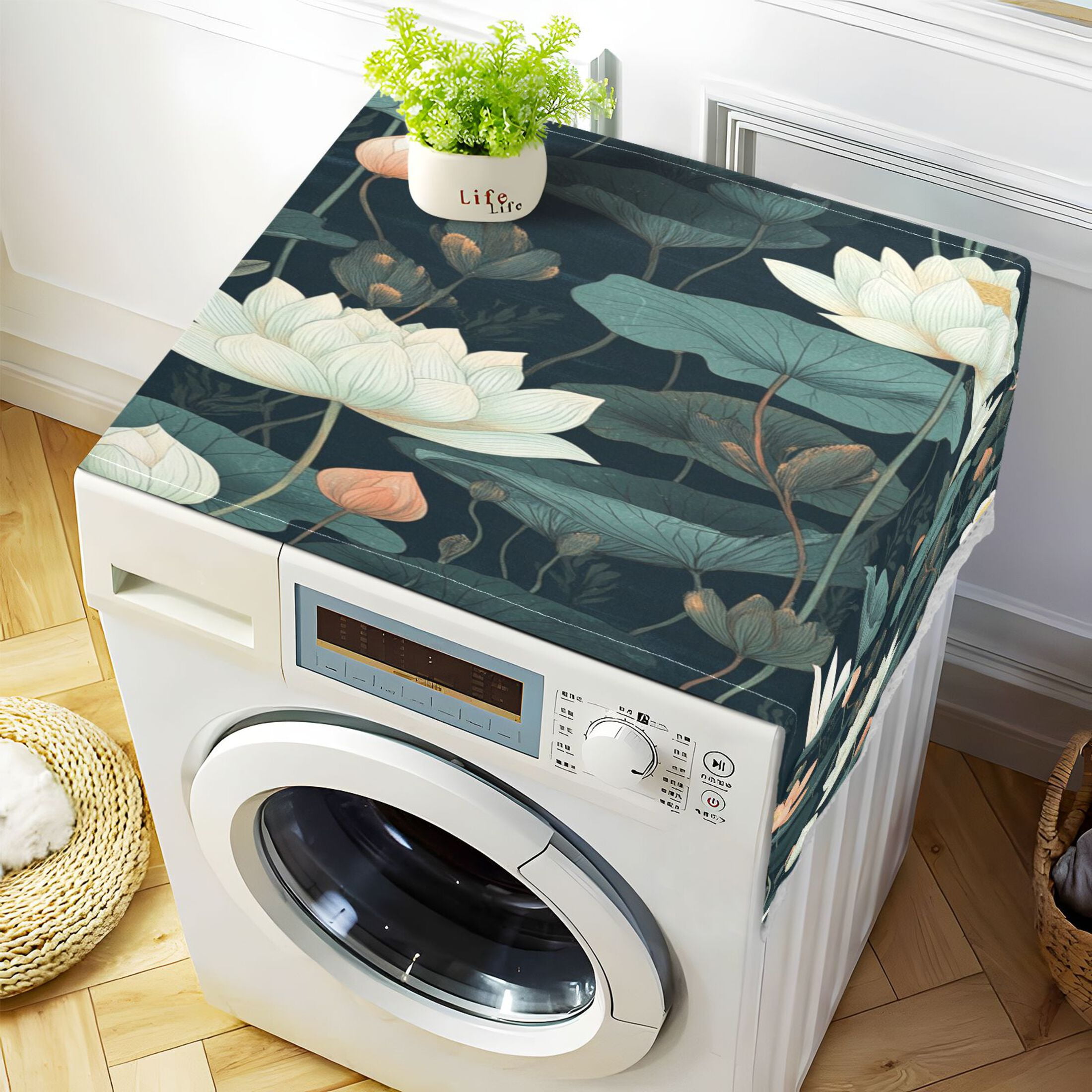 WOBOGO White Lotus Flower Washing Machine Cloth Dryer Refrigerator Top Cover Protective Non-Slip Mat For Kitchen Laundry