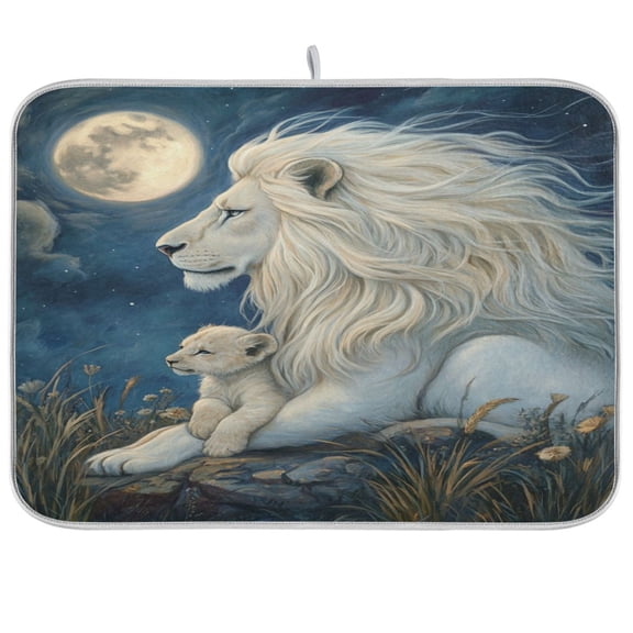 WOBOGO White Maned Lion Kitchen Drying Mat Heat Resistant Drainage with Non-Slip Rubber Backing Hides Stains Super Absorbent Easy to Clean 16×18in