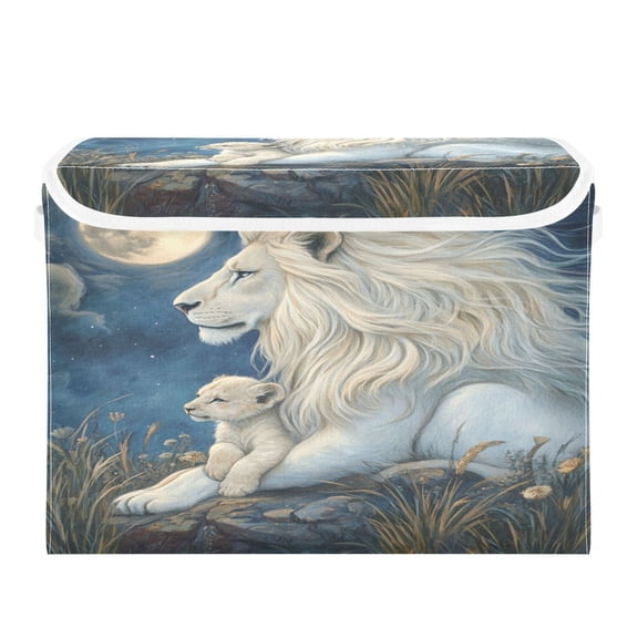 WOBOGO White Maned Lion Large Collapsible Storage Box Flip Lid Fabric Decorative Organizer Container Basket with Handles 16.512.611.8in
