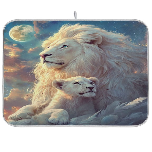 WOBOGO White Maned Lions Kitchen Drying Mat Heat Resistant Drainage with Non-Slip Rubber Backing Hides Stains Super Absorbent Easy to Clean 16×18in