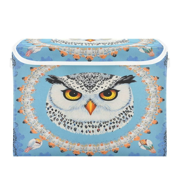 WOBOGO White Owl Pattern Large Collapsible Storage Box Flip Lid Fabric Decorative Organizer Container Basket with Handles 16.512.611.8in