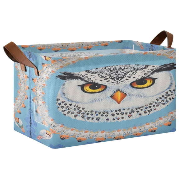WOBOGO White Owl Pattern Storage Basket 16.9×11.4×10in Collapsible Oversized with Metal Iron Frame Set of 2