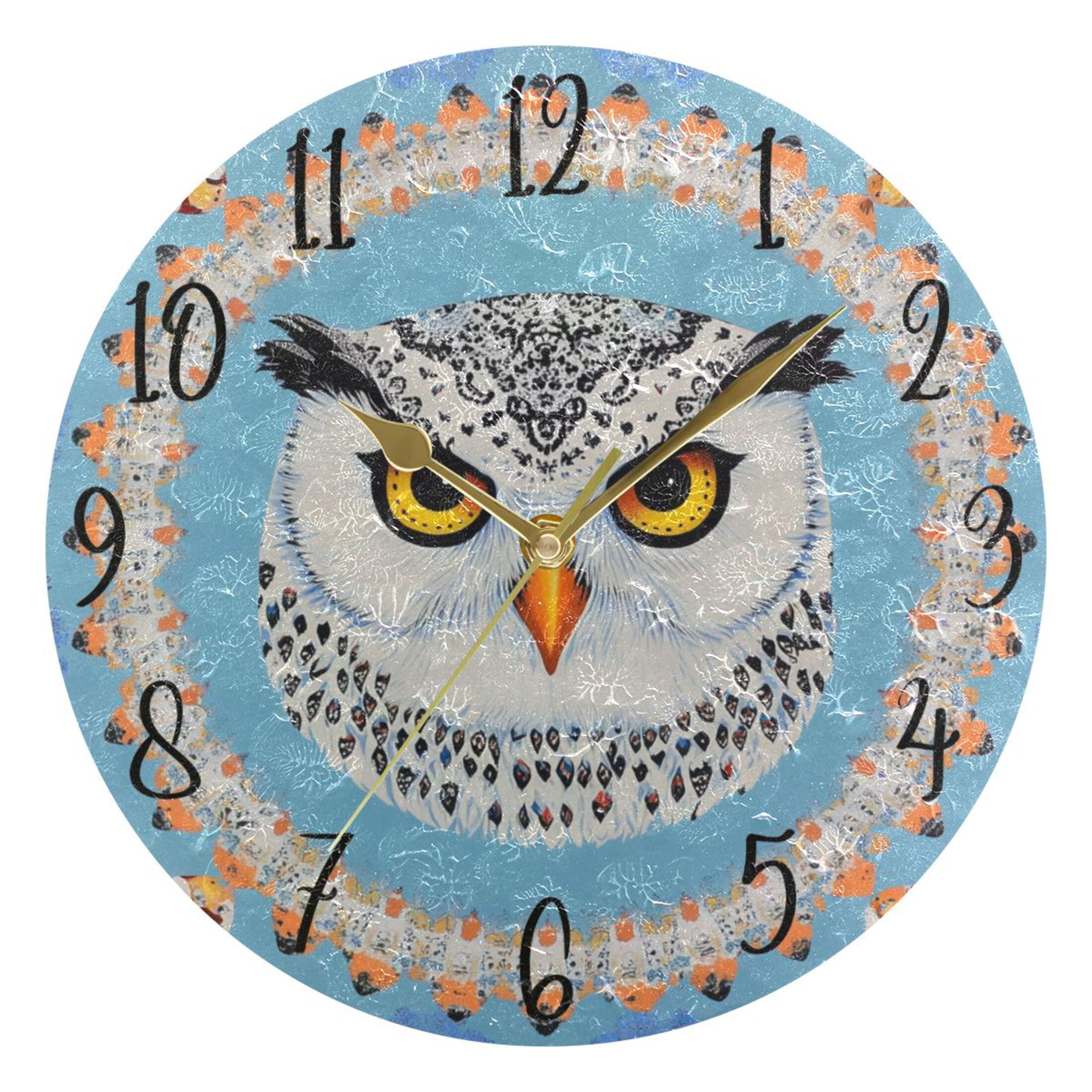 WOBOGO White Owl Pattern Wall Clock 10in Silent Mechanism Battery ...