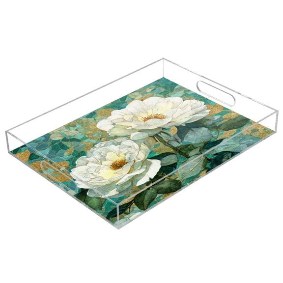 WOBOGO White Peonies Acrylic Serving Trays 15.7x11.8 Inch Spill Proof Clear Decorative Organizer with Handle