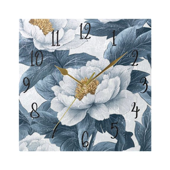 WOBOGO White Peony Wall Clock 7.78 Inch Battery Operated Silent Unit Square Rustic Vintage Style for Home Bedroom Office Gold Pointer