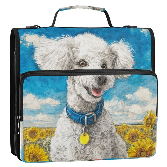 WOBOGO White Poodle Ring Binder Bag 1.5in Folder Organizer with Shoulder Strap for 13Inch Laptop and 500 Sheets of Paper