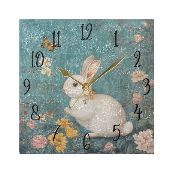 WOBOGO White Rabbit in Flower Pattern Wall Clock 7.78 Inch Battery Operated Silent Unit Square Rustic Vintage Style for Home Bedroom Office Gold Pointer