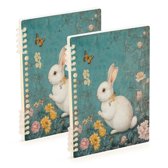 WOBOGO White Rabbit in Flower Pattern Notebook College Horizontal Grid Paper Ink Spill Resistant Water Resistant Cover 8.3x5.7x0.4in