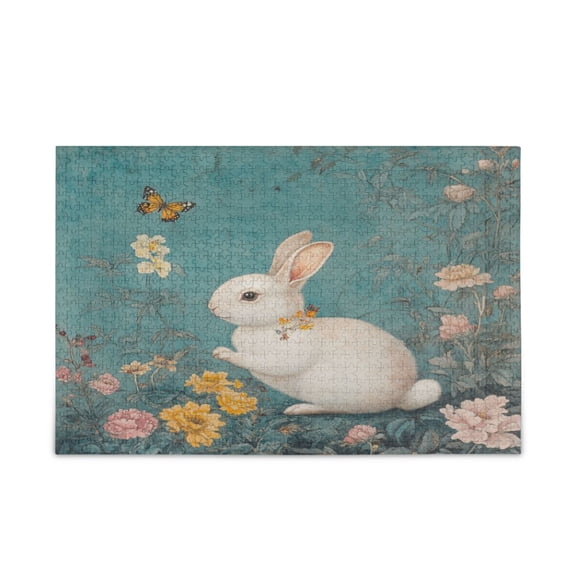 WOBOGO White Rabbit in Flower Pattern Puzzle Challenge 500 Piece Jigsaw Suitable for Game Night Finished Size 20.5 x 14.9in
