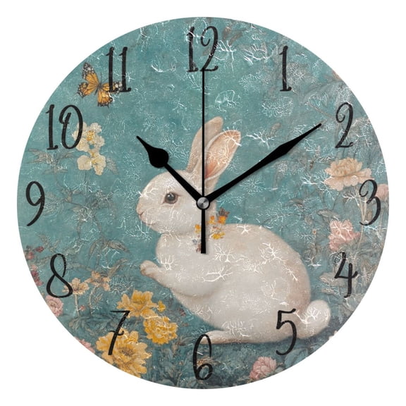 WOBOGO White Rabbit in Flower Pattern Wall Clock 10in Silent Mechanism Battery Operated Retro Style for Living Room Bedroom and Kitchen Black Pointer