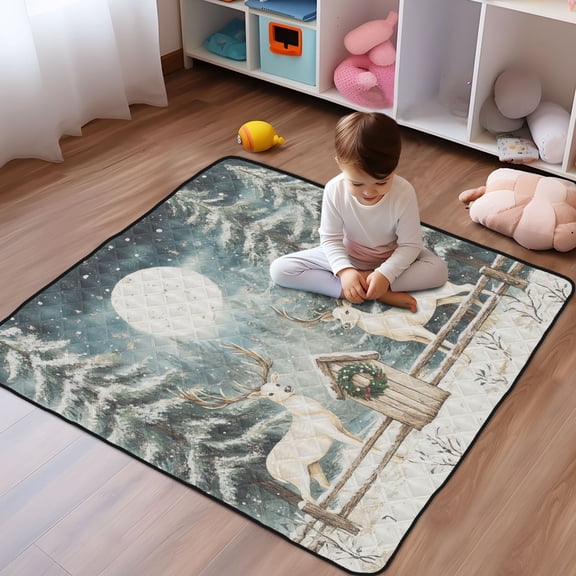 WOBOGO White Reindeer and Snow Baby Playmats Extra Large Waterproof Rollable Activity Pads for Toddlers 5050inch