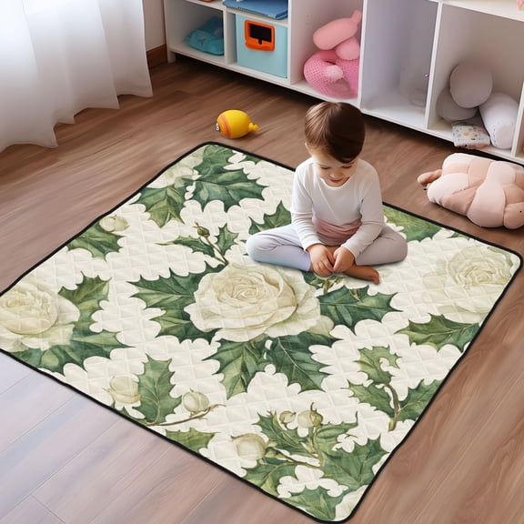 WOBOGO White Roses and Holly Leaves Baby Playmats Extra Large Waterproof Rollable Activity Pads for Toddlers 5050inch