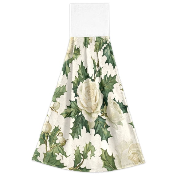 WOBOGO White Roses and Holly Leaves Hand Towel Set of 2 Absorbent for Kitchen and Bathroom With Velcro Hanging Loop 18.2×14in