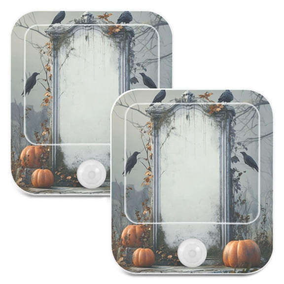 WOBOGO White Tombstone with Pumpkins Night Light Lamp with Smart Sensor Dusk to Dawn Sensor 0.6W Plug-in 2-Pack