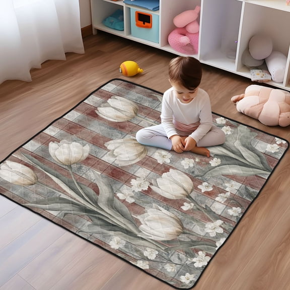 WOBOGO White Tulip Flowers Baby Playmats Extra Large Waterproof Rollable Activity Pads for Toddlers 5050inch