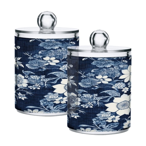 WOBOGO White Vintage Flower in Indigo Blue Transparent Plastic Jar 4pcs Cotton Swabs Balls Pads Floss Stick Dispenser Bathroom Vanity Storage Organizer
