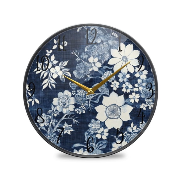 WOBOGO White Vintage Flower in Indigo Blue Acrylic Wall Clock Battery Operated 11.9in Silent No Tick Bedroom Living Room Office Classroom Decoration