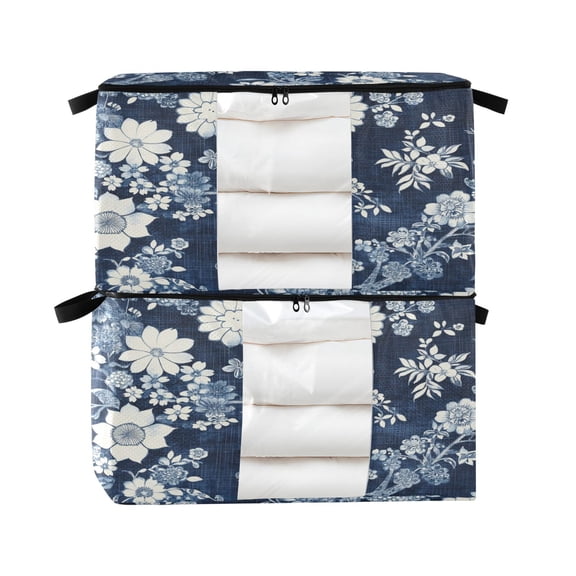 WOBOGO White Vintage Flower in Indigo Blue Clothes Storage 2Pack Foldable Thick Fabric Blanket Organizer Bag with Handle 24.8×16.93×16.17in
