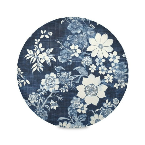 WOBOGO White Vintage Flower in Indigo Blue Round Placemats Set of 4 Heat Resistant Washable Kitchen Table Decorations 15.4in