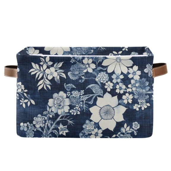 WOBOGO White Vintage Flower in Indigo Blue Square Storage Basket with Waterproof Canvas and PE Lining Durable PU Leather Handles 14.2×10.2×8.3in