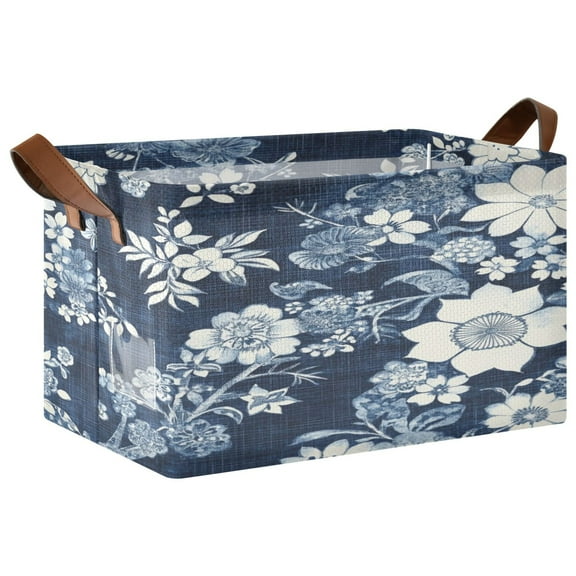 WOBOGO White Vintage Flower in Indigo Blue Storage Basket 16.9×11.4×10in Collapsible Oversized with Metal Iron Frame Set of 2