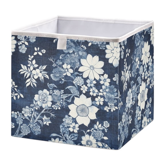 WOBOGO White Vintage Flower in Indigo Blue Storage Basket Foldable Easy to Clean Durable with Hollow Support Plate with Handle 11.02×11.02×11.02 in